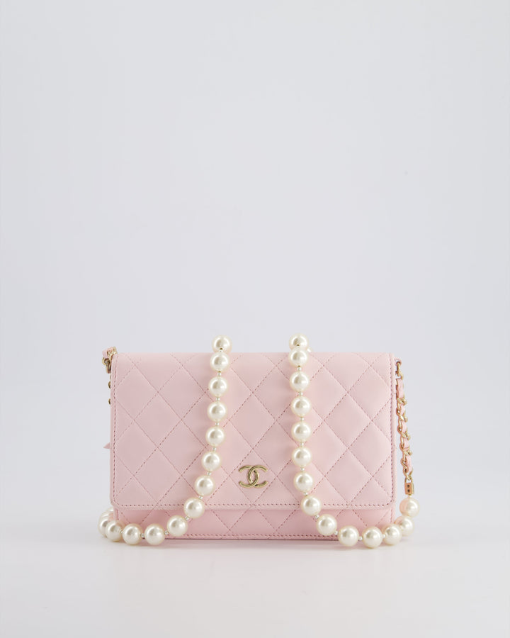 *HOT* Chanel Baby Pink Wallet on Chain in Lambskin Leather with Pearl Strap