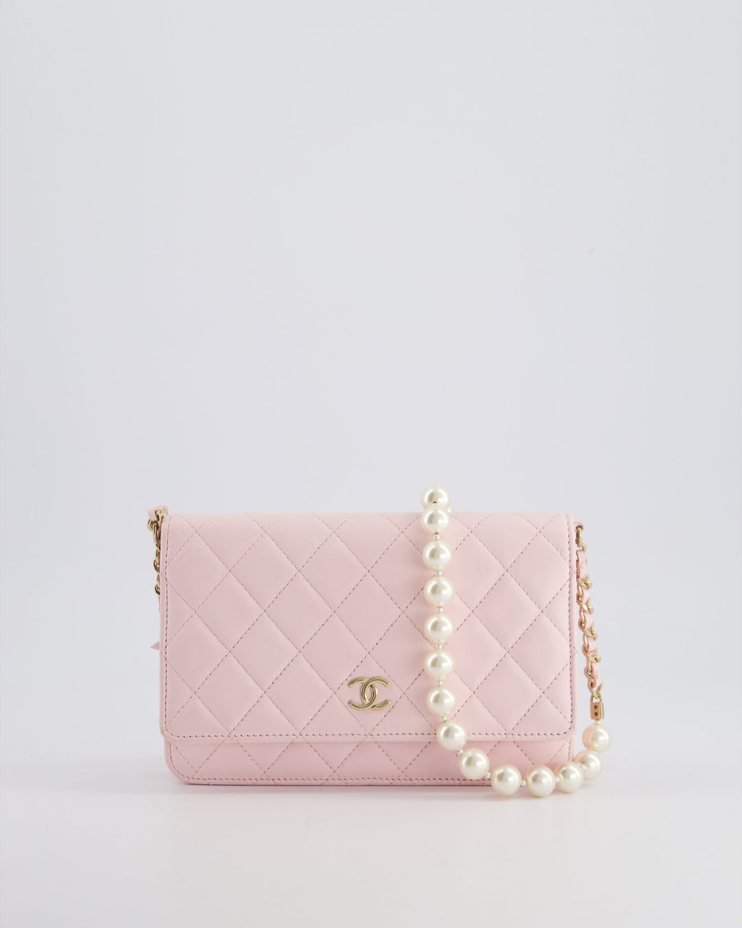 *HOT* Chanel Baby Pink Wallet on Chain in Lambskin Leather with Pearl Strap
