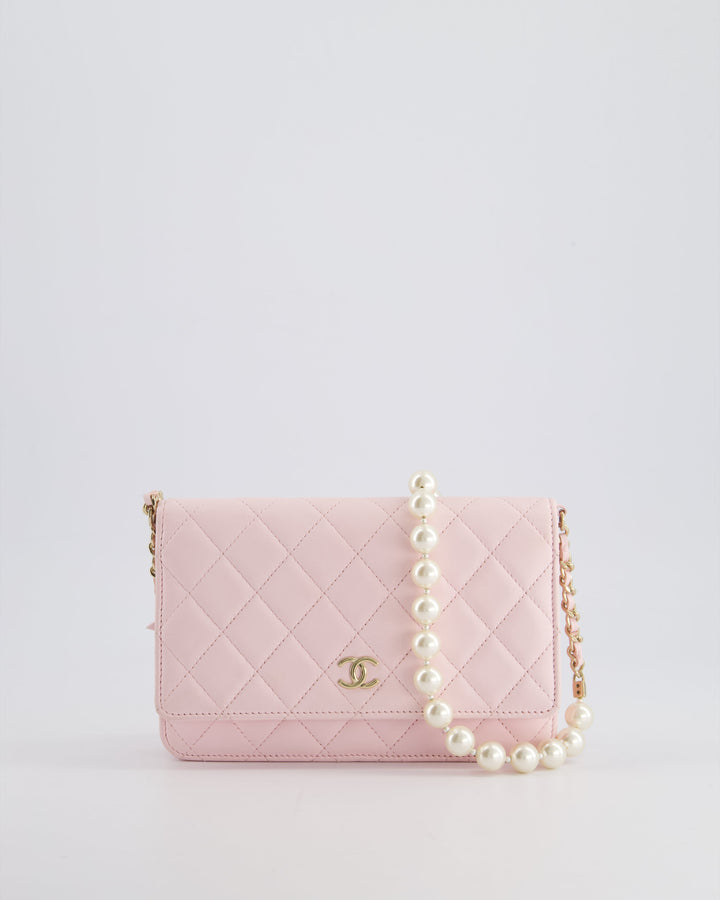 *HOT* Chanel Baby Pink Wallet on Chain in Lambskin Leather with Pearl Strap