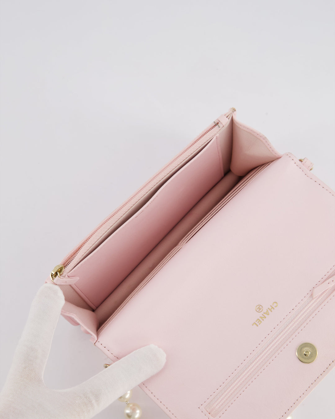 *HOT* Top Quality Chanel Baby Pink Wallet on Chain in Lambskin Leather with Pearl Strap