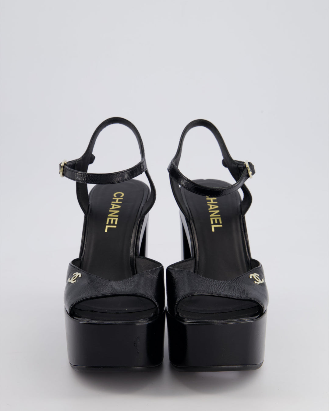 Top Quality Chanel Black Shiny Calfskin Platform High Sandal with CC Logo EU 38.5C