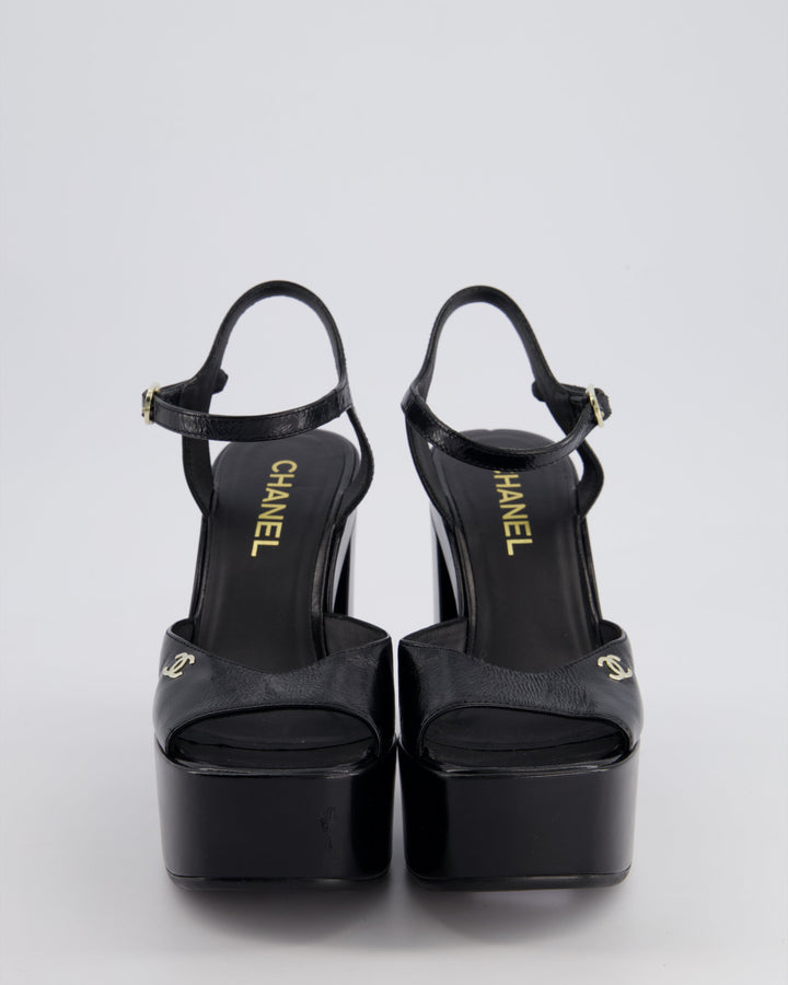Top Quality Chanel Black Shiny Calfskin Platform High Sandal with CC Logo EU 38.5C