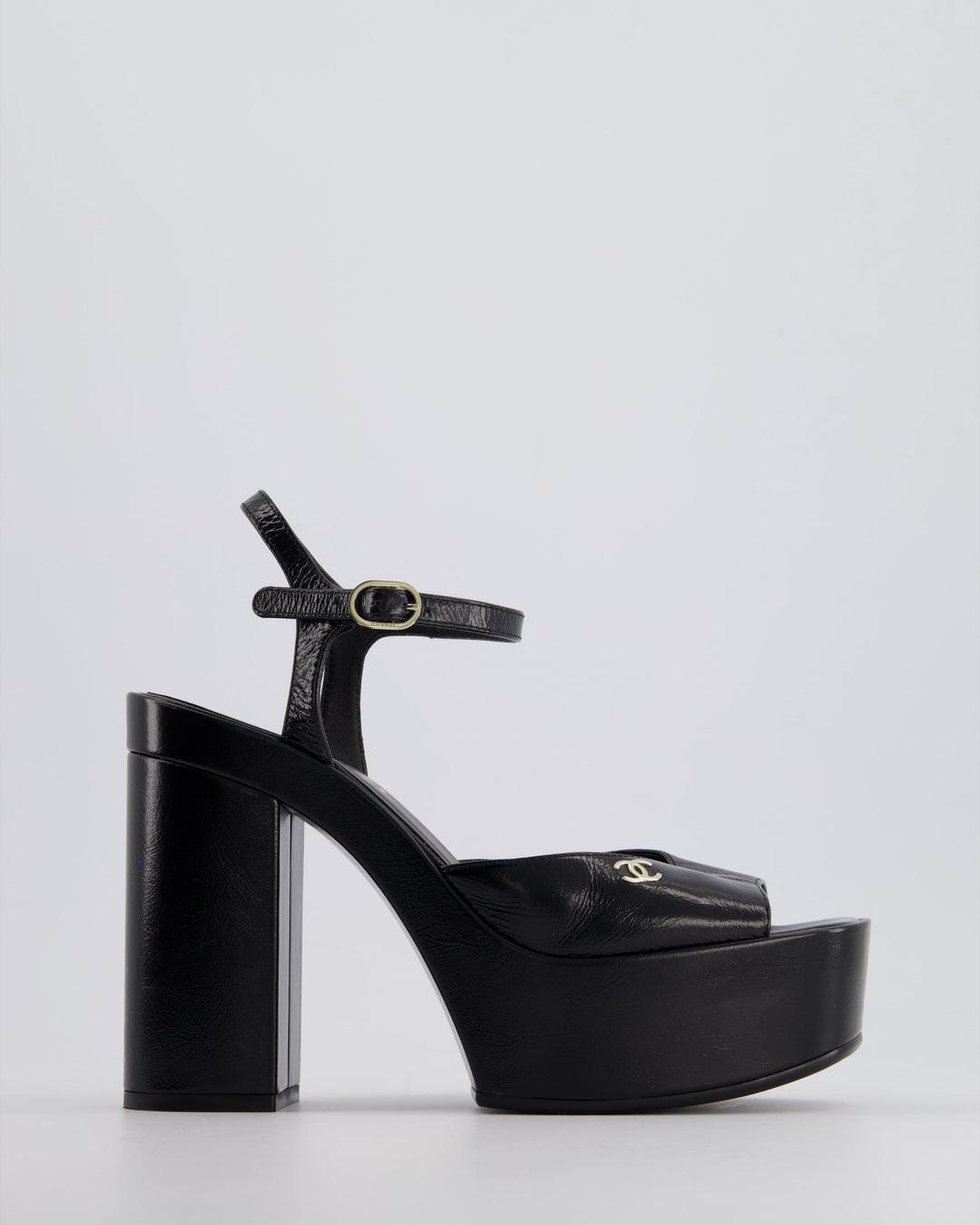 Top Quality Chanel Black Shiny Calfskin Platform High Sandal with CC Logo EU 38.5C