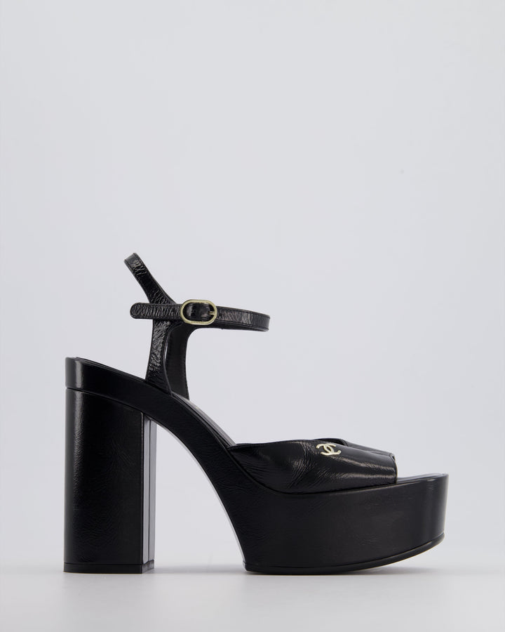 Top Quality Chanel Black Shiny Calfskin Platform High Sandal with CC Logo EU 38.5C