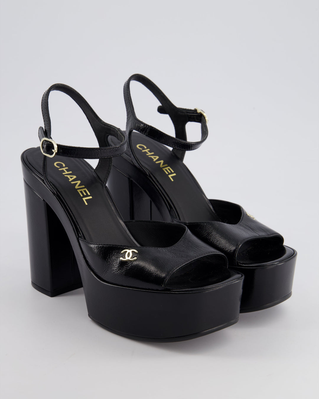 Top Quality Chanel Black Shiny Calfskin Platform High Sandal with CC Logo EU 38.5C