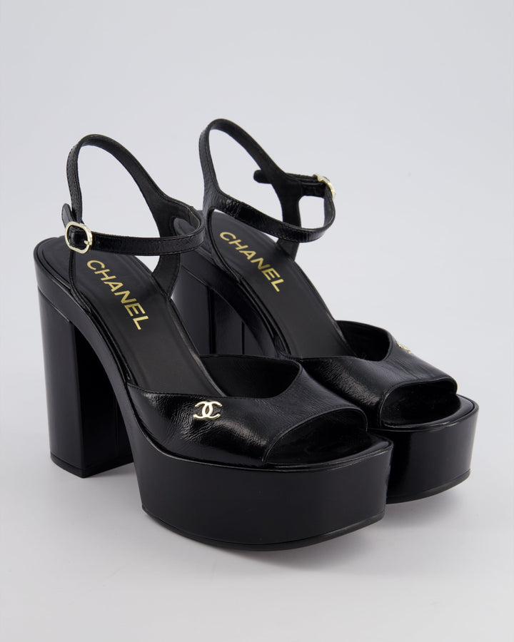 Top Quality Chanel Black Shiny Calfskin Platform High Sandal with CC Logo EU 38.5C