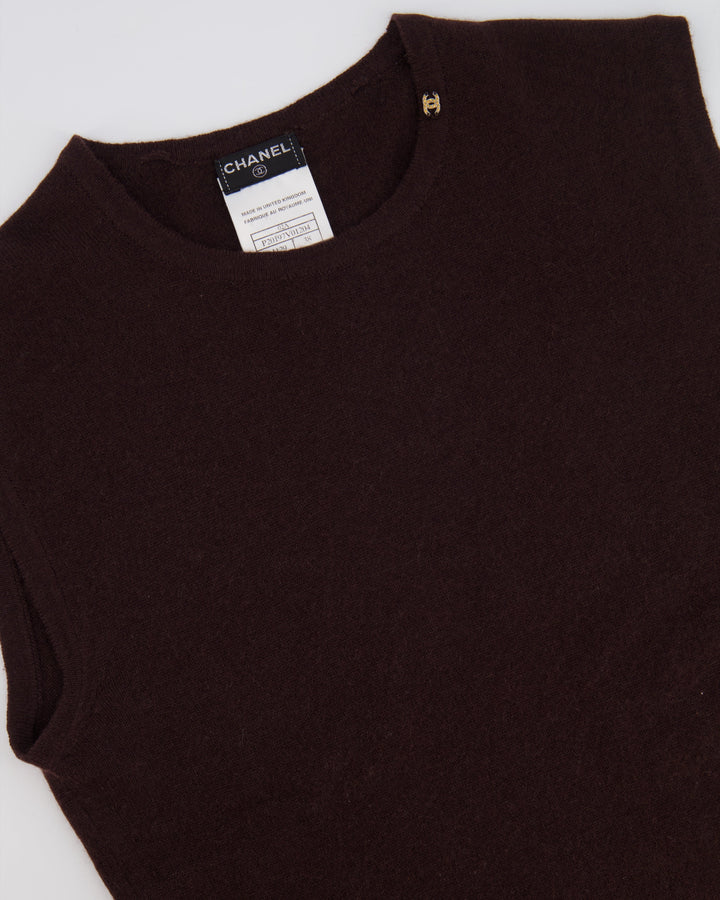 Top Quality Chanel 02/A Chocolate Brown Cashmere Sleeveless Top with CC Logo Detail FR 38 (UK 10)
