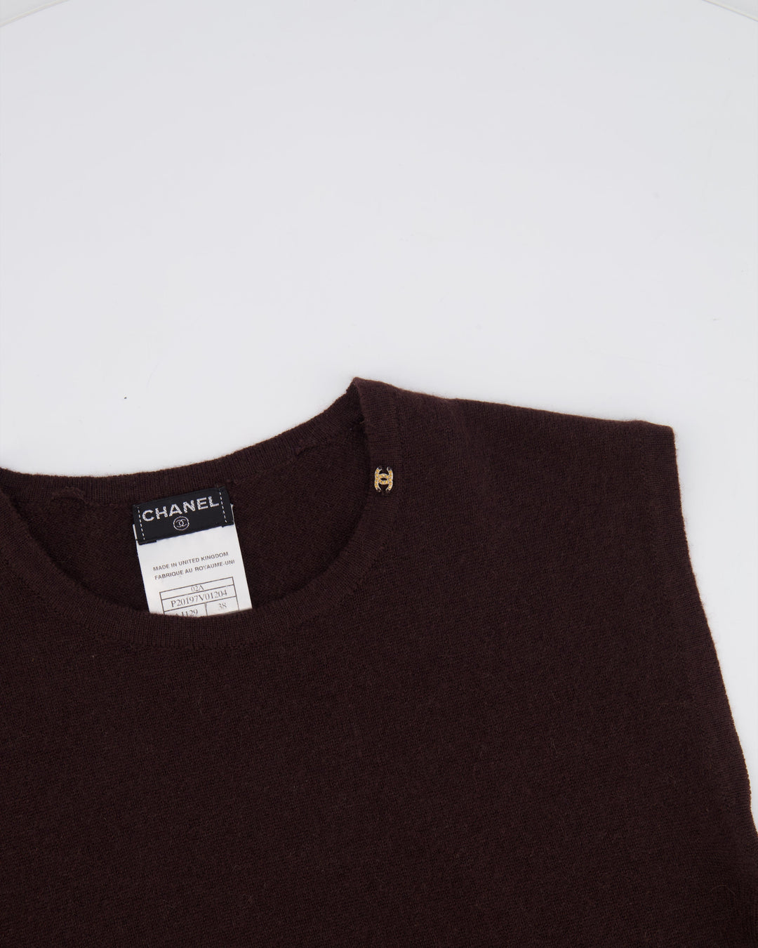 Top Quality Chanel 02/A Chocolate Brown Cashmere Sleeveless Top with CC Logo Detail FR 38 (UK 10)