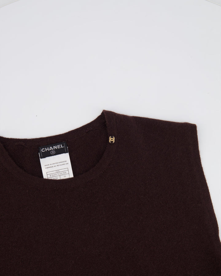 Top Quality Chanel 02/A Chocolate Brown Cashmere Sleeveless Top with CC Logo Detail FR 38 (UK 10)