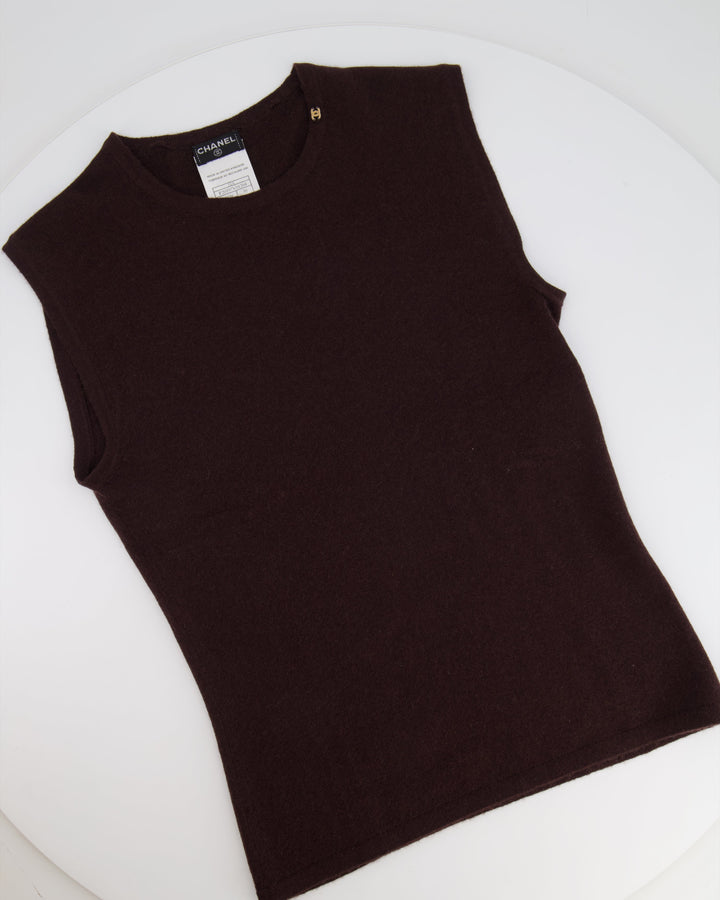 Top Quality Chanel 02/A Chocolate Brown Cashmere Sleeveless Top with CC Logo Detail FR 38 (UK 10)