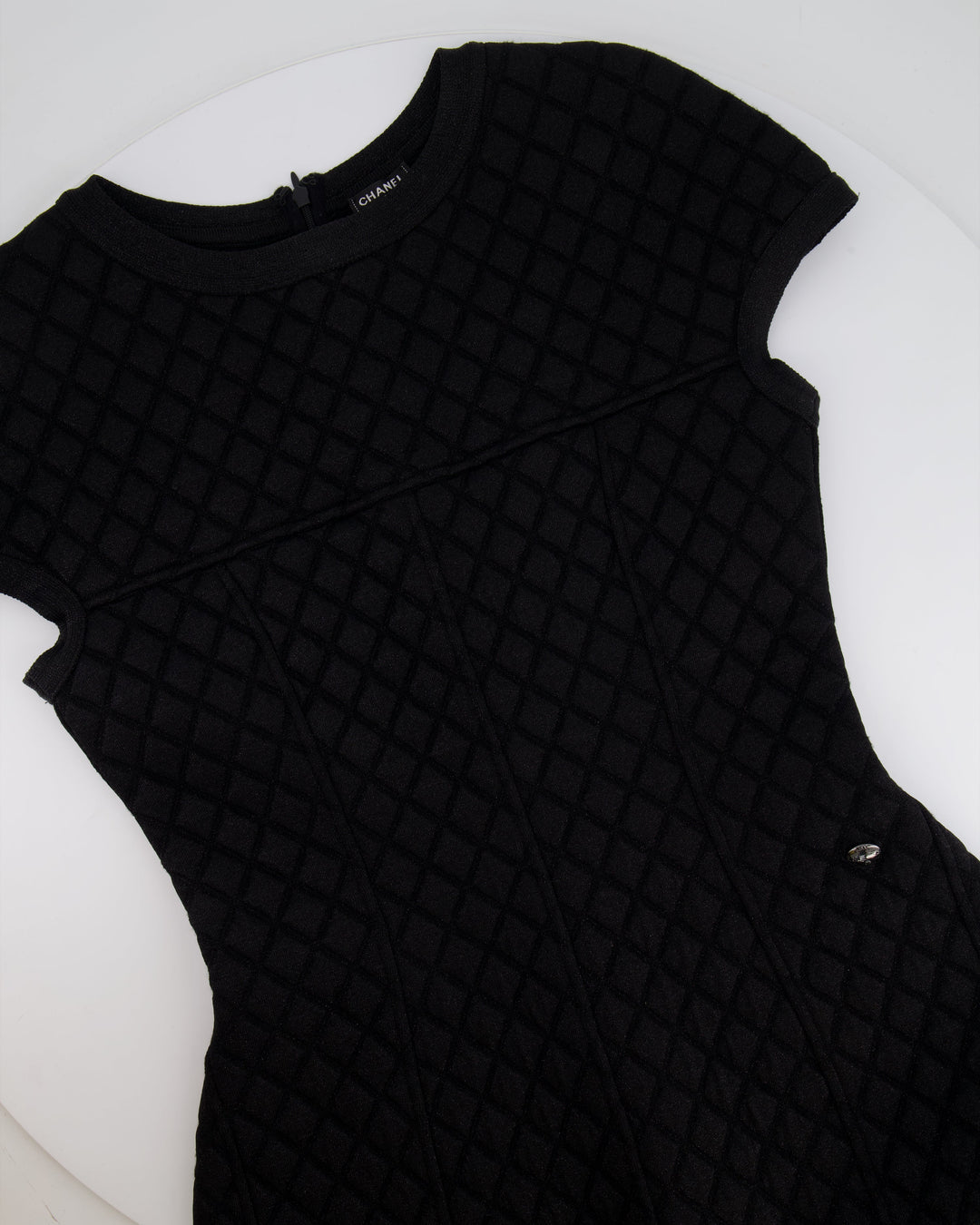 Top Quality Chanel Black Padded Shimmery Short Sleeve Bodycon Mini Dress with CC Logo Detail Size FR 40 (UK 12)