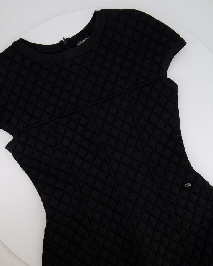Top Quality Chanel Black Padded Shimmery Short Sleeve Bodycon Mini Dress with CC Logo Detail Size FR 40 (UK 12)