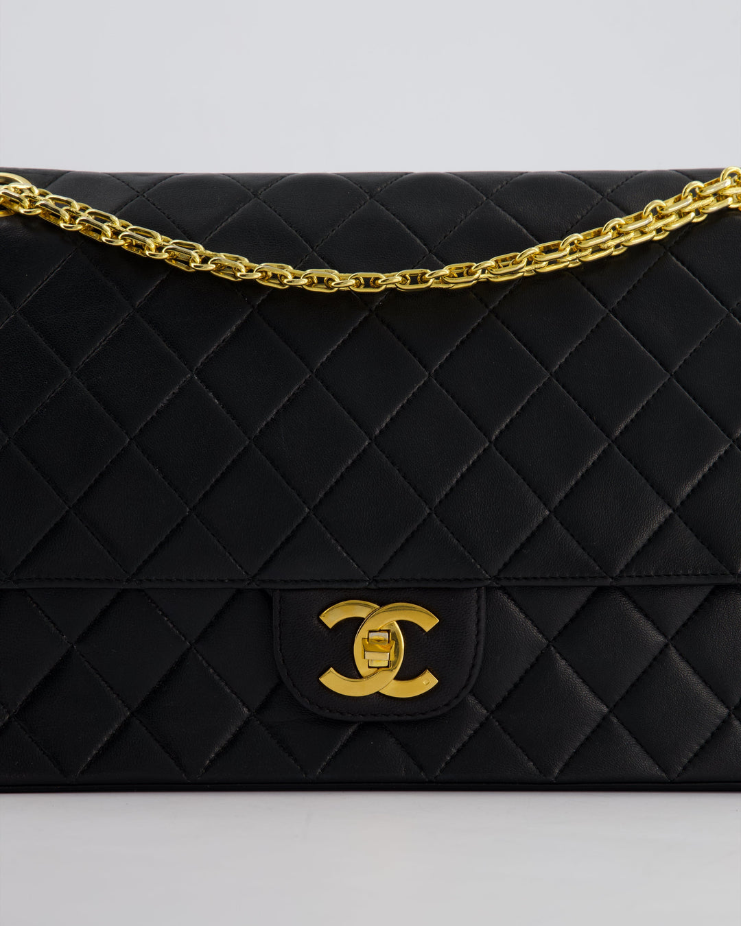 Top Quality Chanel Black Vintage Medium Lambskin Classic Flap with Stitched Edge and 24K Gold Hardware
