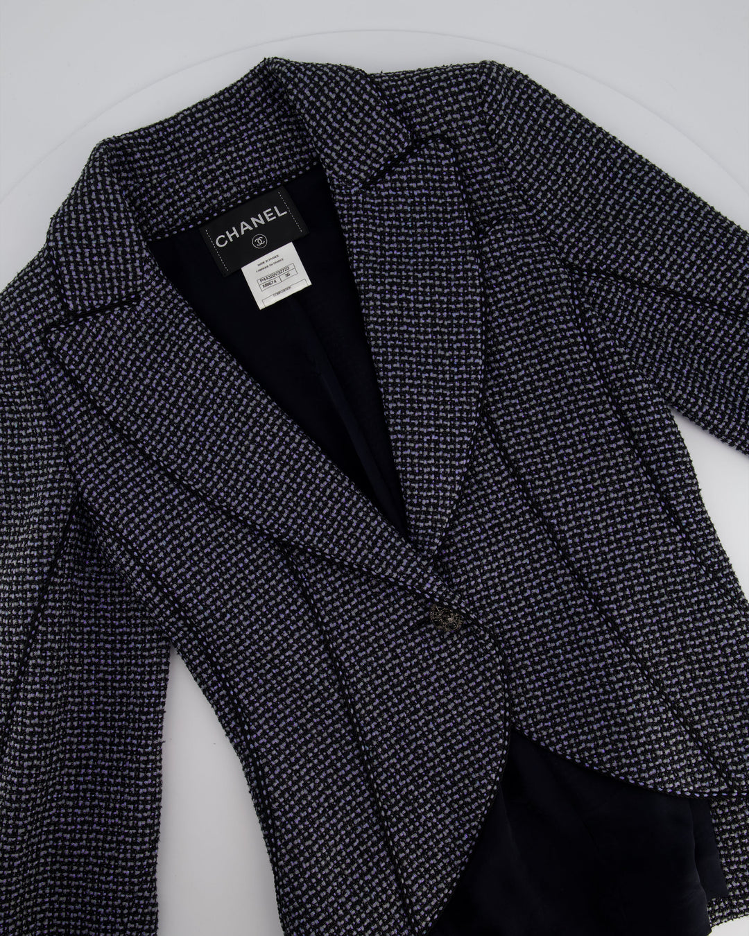 Top Quality Chanel Black & Grey Metallic Tweed Curved Hem Jacket with Ruthenium CC Button Detail FR 36 (UK 8)