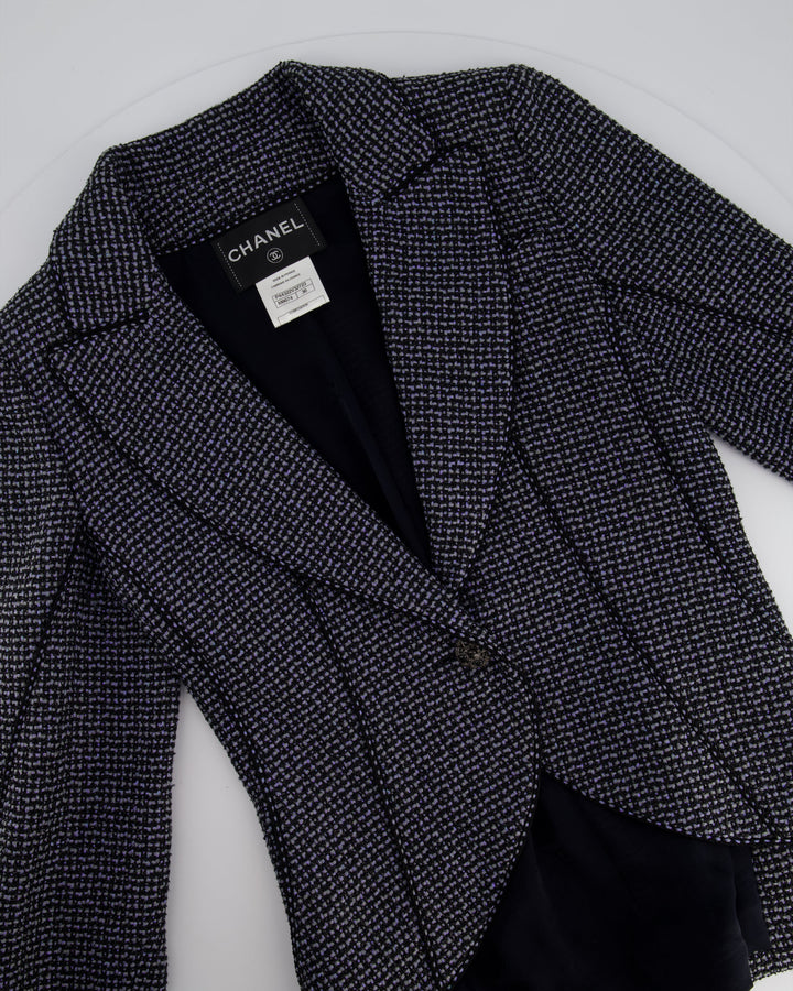 Top Quality Chanel Black & Grey Metallic Tweed Curved Hem Jacket with Ruthenium CC Button Detail FR 36 (UK 8)