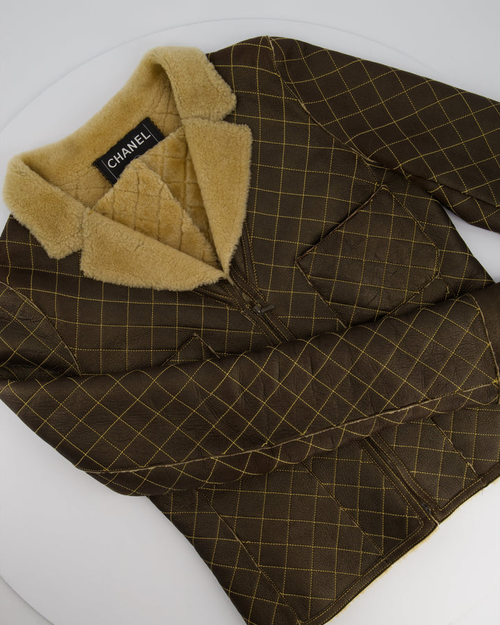 Top Quality Chanel Brown Quilted Stitch Shearling Zip -Up Jacket With Double Collar Detail FR 36 (UK 8)