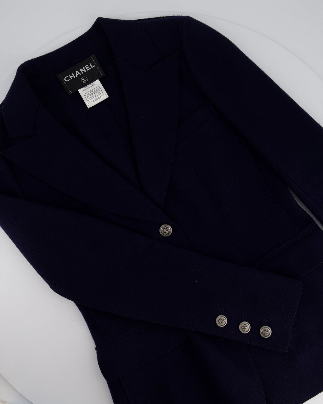 Top Quality Chanel Navy Wool Blazer Jacket with Silver CC Button Detail FR 36 (UK 8)