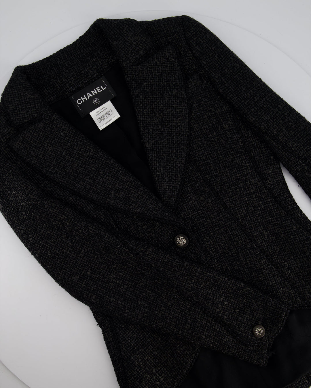 Top Quality Chanel Black Coated Tweed Curved Hem Jacket with Silver CC Button Detail FR 36 (UK 8)