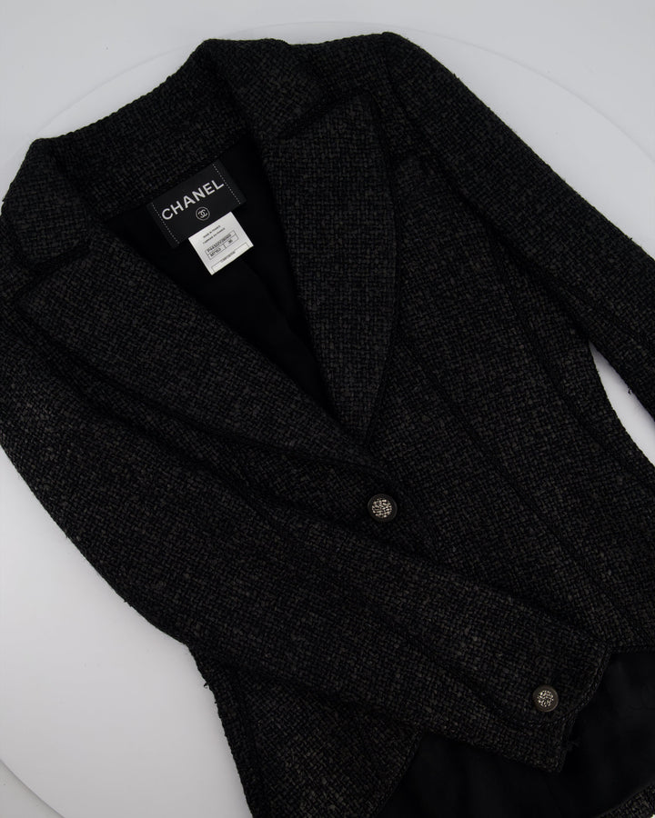 Top Quality Chanel Black Coated Tweed Curved Hem Jacket with Silver CC Button Detail FR 36 (UK 8)