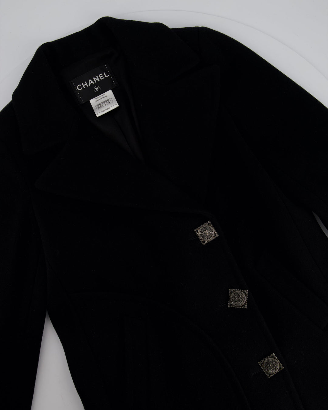 Top Quality Chanel Black Wool Coat with Square Ruthenium CC Logo Buttons Size FR 34 (UK 6)