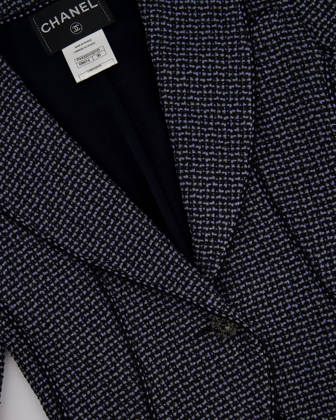 Top Quality Chanel Black & Grey Metallic Tweed Curved Hem Jacket with Ruthenium CC Button Detail FR 36 (UK 8)