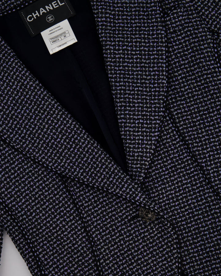 Top Quality Chanel Black & Grey Metallic Tweed Curved Hem Jacket with Ruthenium CC Button Detail FR 36 (UK 8)