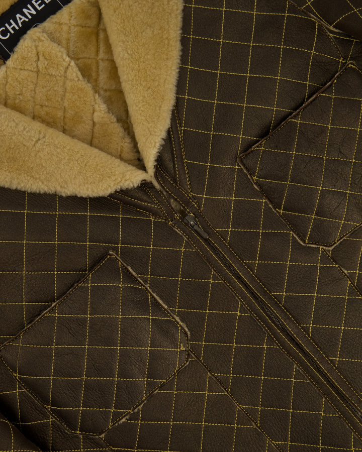 Top Quality Chanel Brown Quilted Stitch Shearling Zip -Up Jacket With Double Collar Detail FR 36 (UK 8)