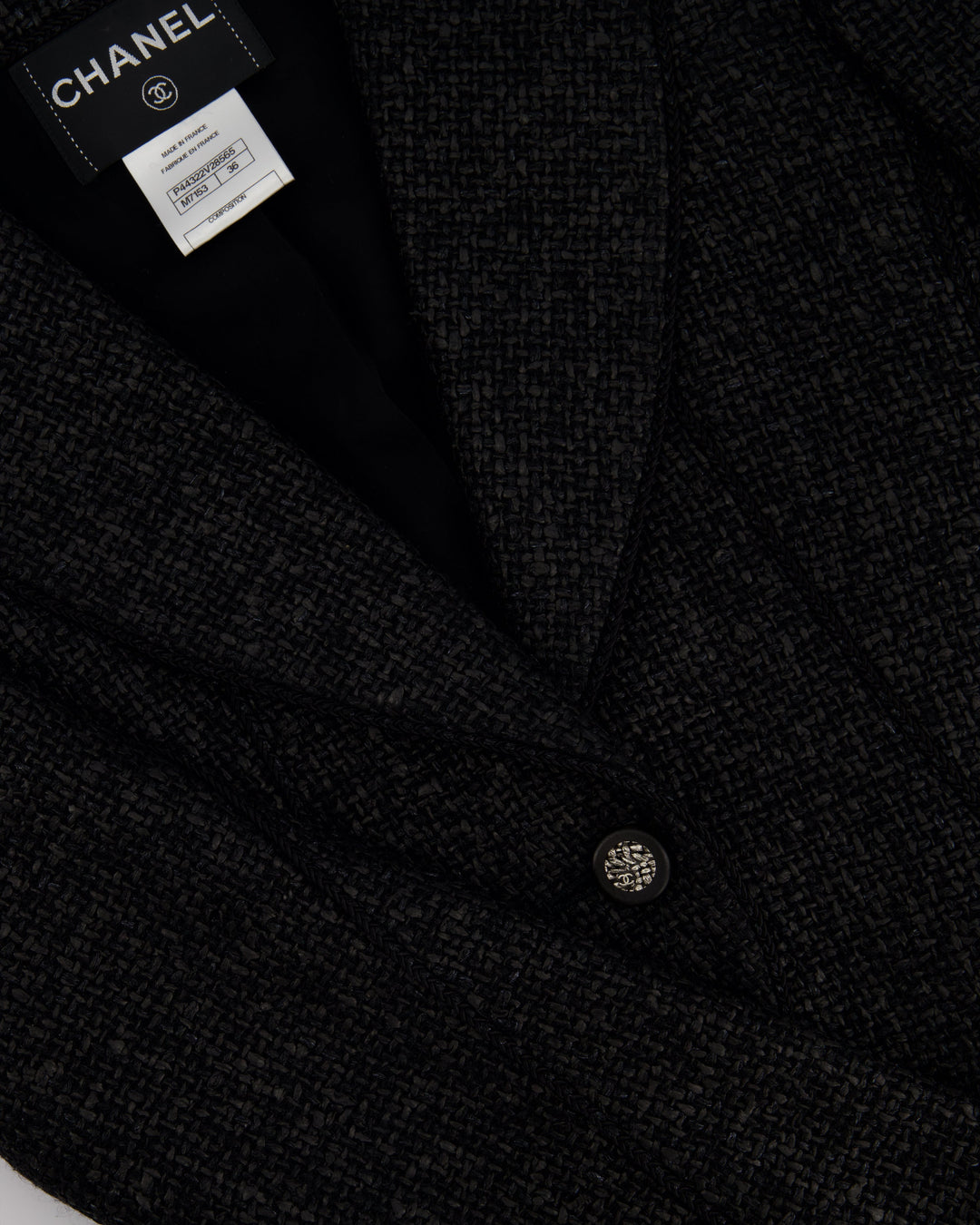 Top Quality Chanel Black Coated Tweed Curved Hem Jacket with Silver CC Button Detail FR 36 (UK 8)