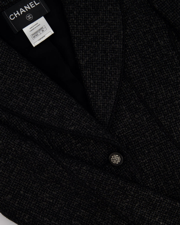Top Quality Chanel Black Coated Tweed Curved Hem Jacket with Silver CC Button Detail FR 36 (UK 8)