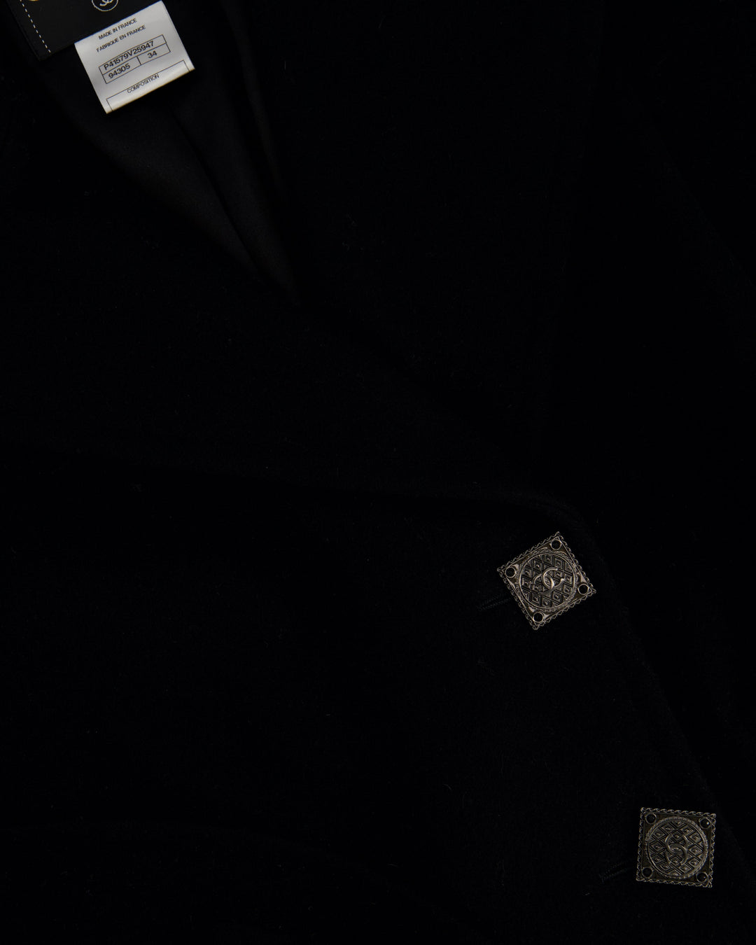 Top Quality Chanel Black Wool Coat with Square Ruthenium CC Logo Buttons Size FR 34 (UK 6)