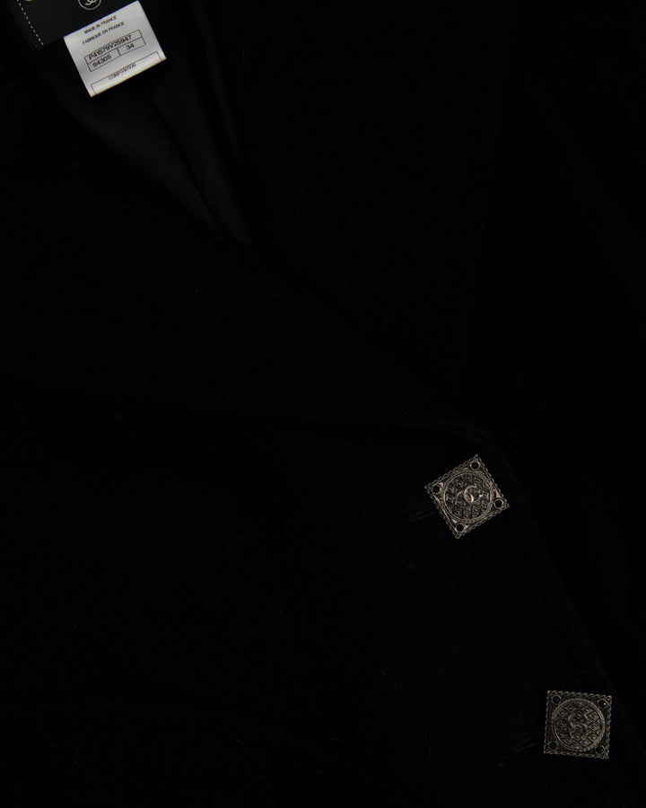 Top Quality Chanel Black Wool Coat with Square Ruthenium CC Logo Buttons Size FR 34 (UK 6)