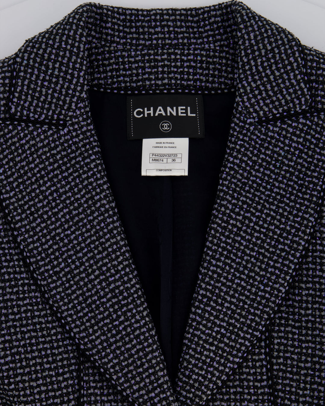 Top Quality Chanel Black & Grey Metallic Tweed Curved Hem Jacket with Ruthenium CC Button Detail FR 36 (UK 8)