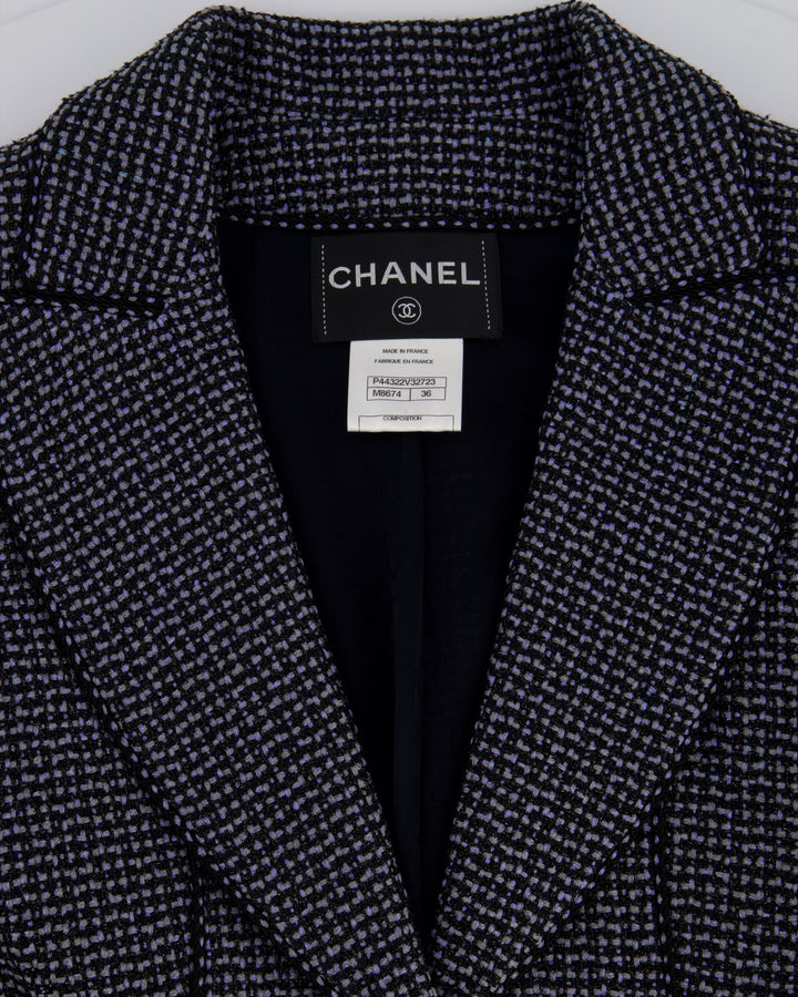 Top Quality Chanel Black & Grey Metallic Tweed Curved Hem Jacket with Ruthenium CC Button Detail FR 36 (UK 8)