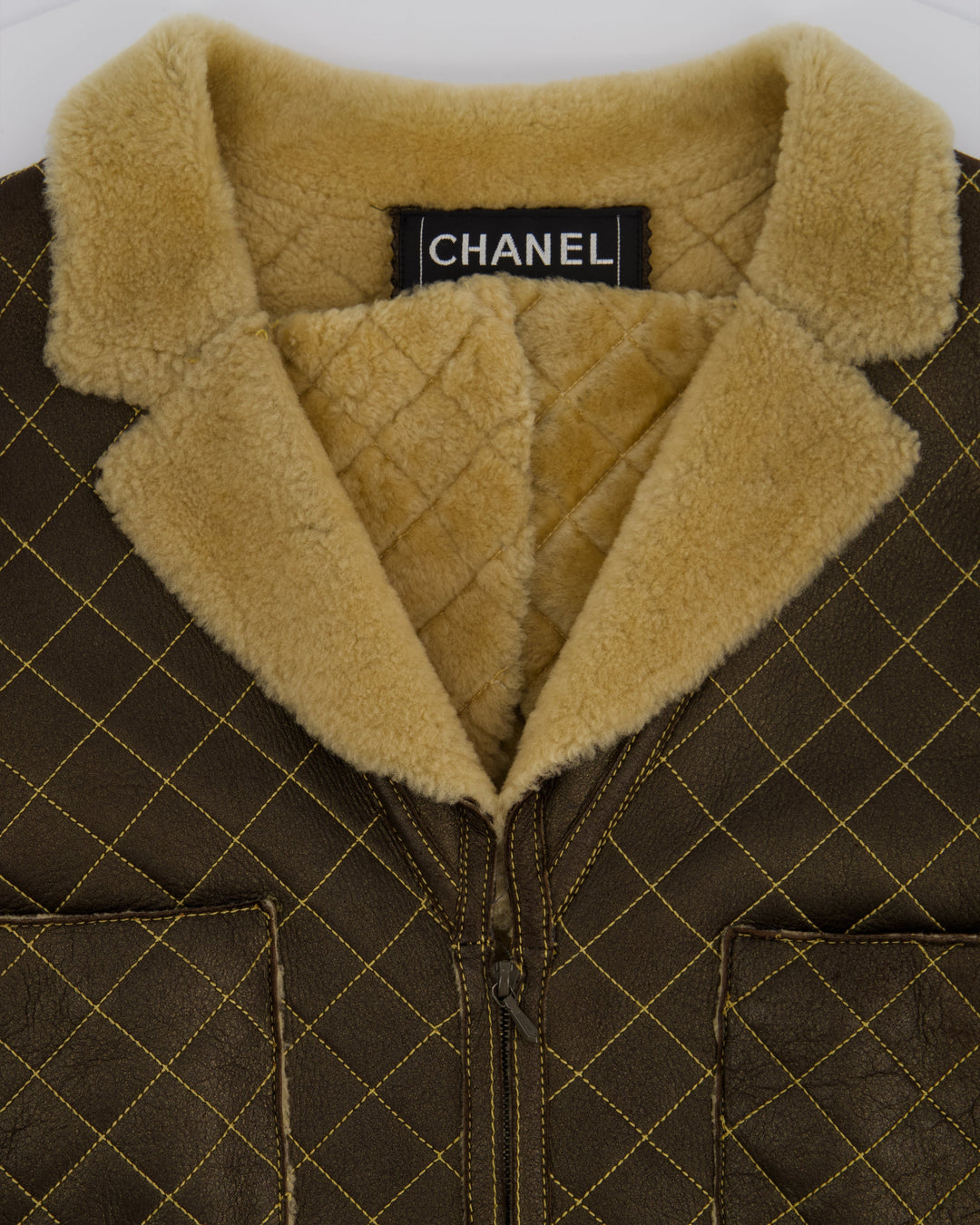 Top Quality Chanel Brown Quilted Stitch Shearling Zip -Up Jacket With Double Collar Detail FR 36 (UK 8)
