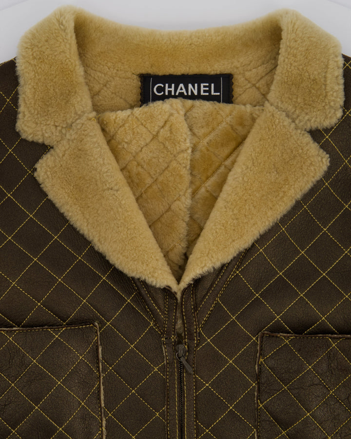 Top Quality Chanel Brown Quilted Stitch Shearling Zip -Up Jacket With Double Collar Detail FR 36 (UK 8)