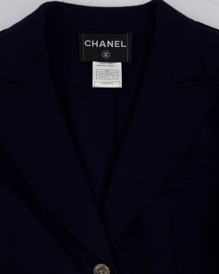Top Quality Chanel Navy Wool Blazer Jacket with Silver CC Button Detail FR 36 (UK 8)