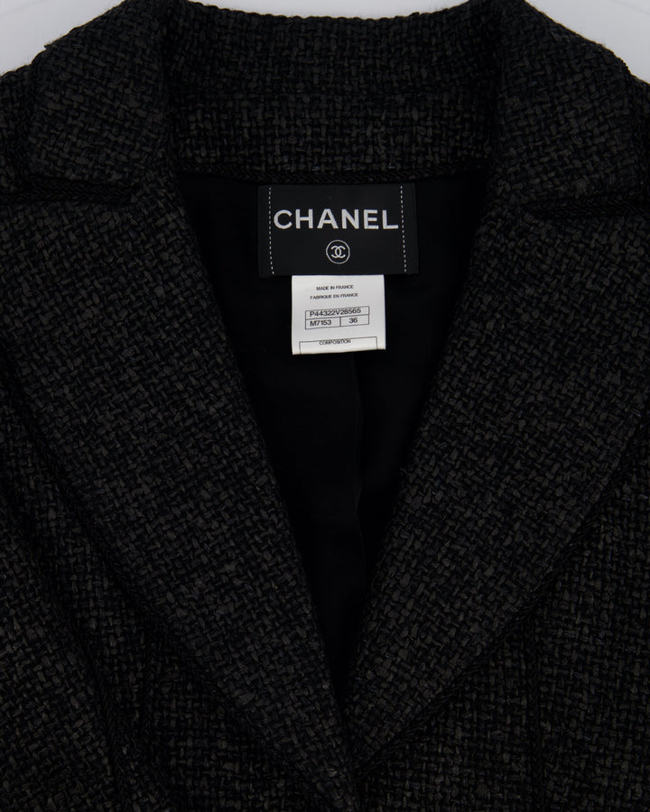 Top Quality Chanel Black Coated Tweed Curved Hem Jacket with Silver CC Button Detail FR 36 (UK 8)