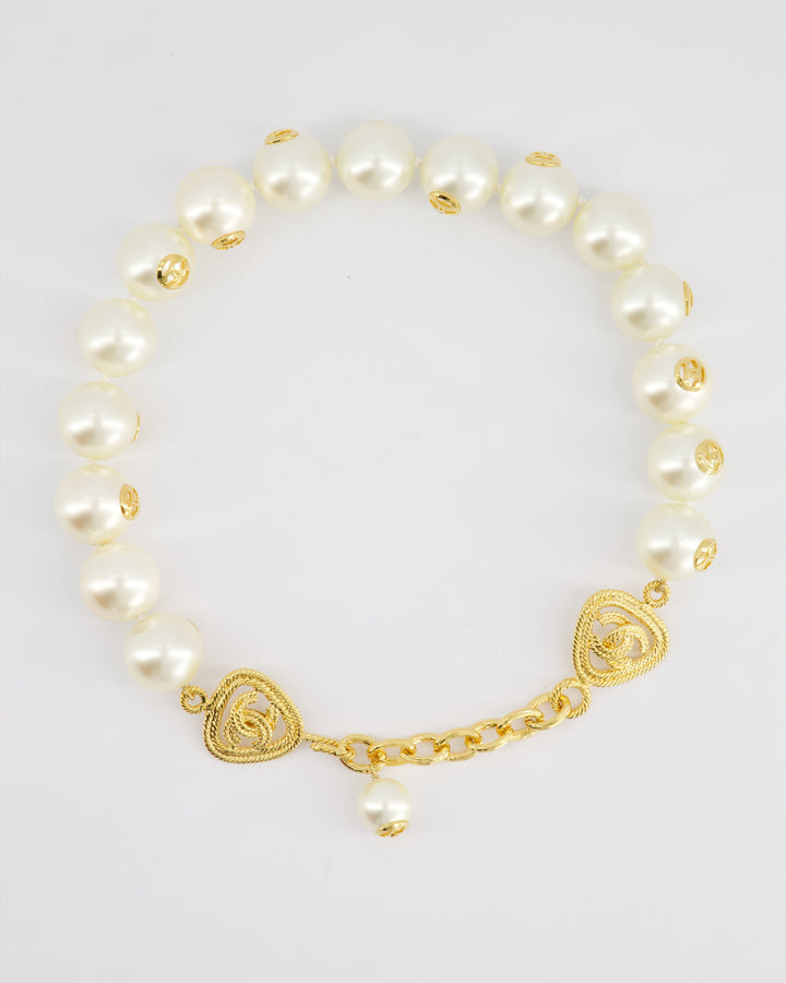 *HOT* Top Quality Chanel White Pearl Chocker Necklace with Yellow Gold Logo Details
