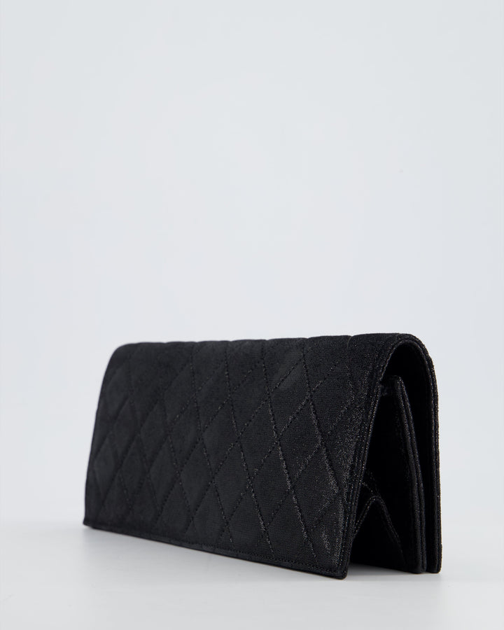 *HOT* Top Quality Chanel Black Shiny Quilted Long Clutch in Coated Calfskin with Silver Hardware and Crystal CC Detail