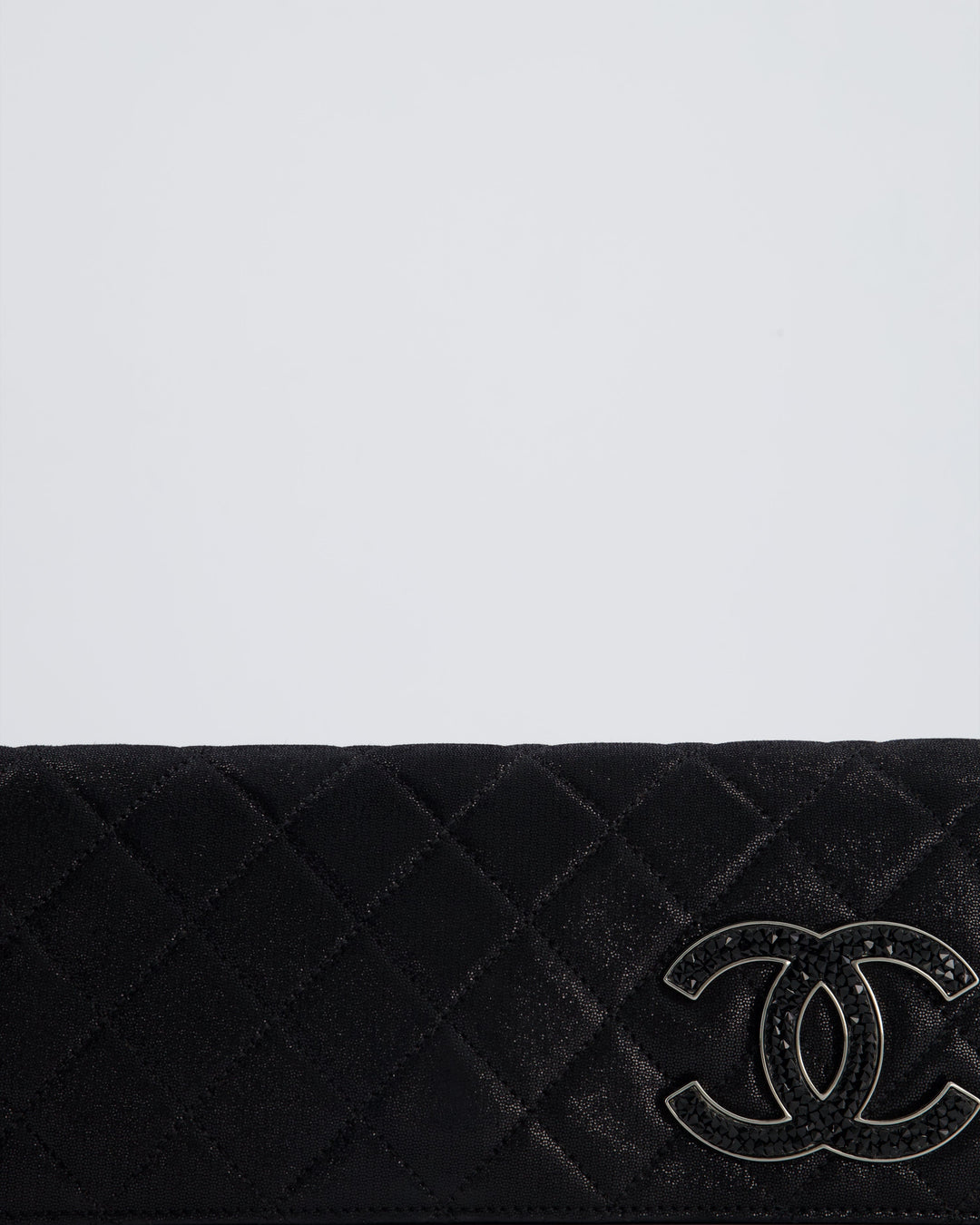 *HOT* Top Quality Chanel Black Shiny Quilted Long Clutch in Coated Calfskin with Silver Hardware and Crystal CC Detail
