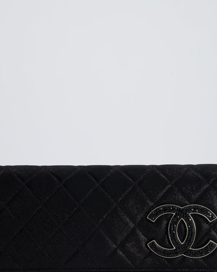 *HOT* Top Quality Chanel Black Shiny Quilted Long Clutch in Coated Calfskin with Silver Hardware and Crystal CC Detail