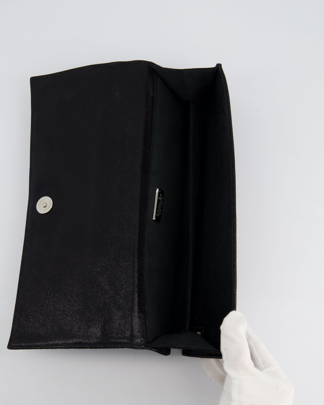 *HOT* Top Quality Chanel Black Shiny Quilted Long Clutch in Coated Calfskin with Silver Hardware and Crystal CC Detail