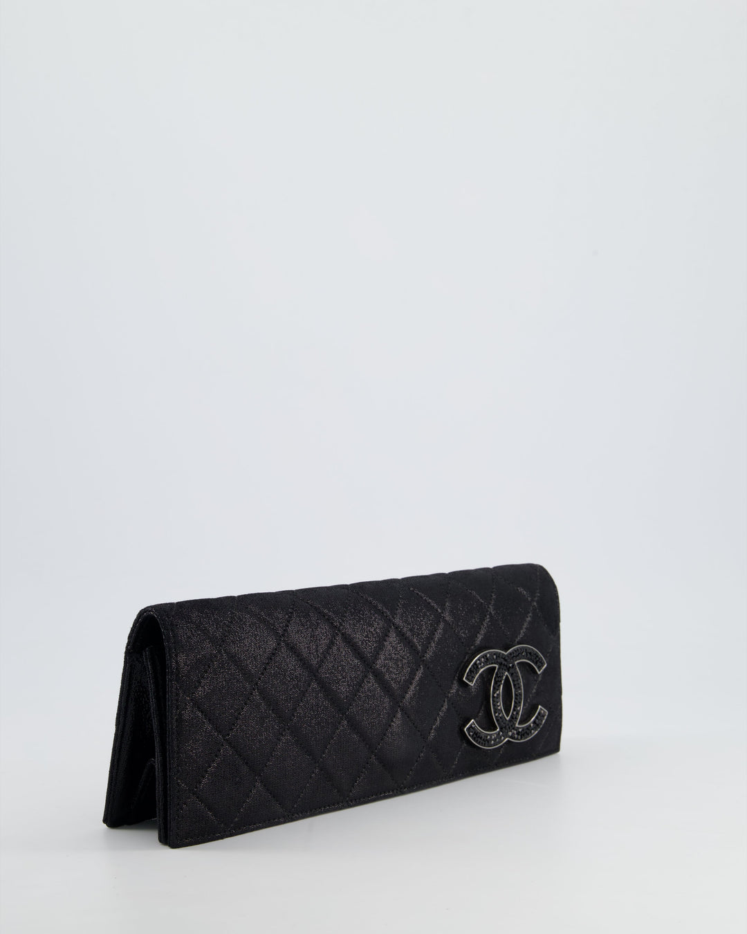 *HOT* Top Quality Chanel Black Shiny Quilted Long Clutch in Coated Calfskin with Silver Hardware and Crystal CC Detail