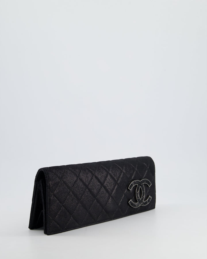 *HOT* Top Quality Chanel Black Shiny Quilted Long Clutch in Coated Calfskin with Silver Hardware and Crystal CC Detail