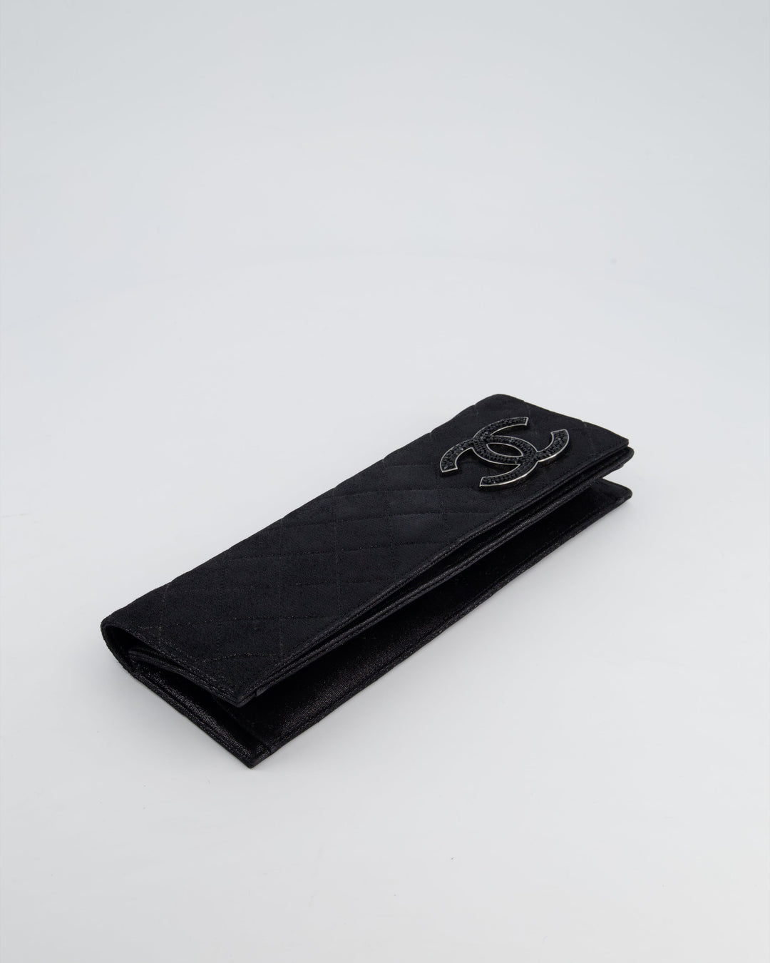 *HOT* Top Quality Chanel Black Shiny Quilted Long Clutch in Coated Calfskin with Silver Hardware and Crystal CC Detail
