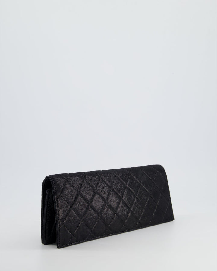 *HOT* Top Quality Chanel Black Shiny Quilted Long Clutch in Coated Calfskin with Silver Hardware and Crystal CC Detail