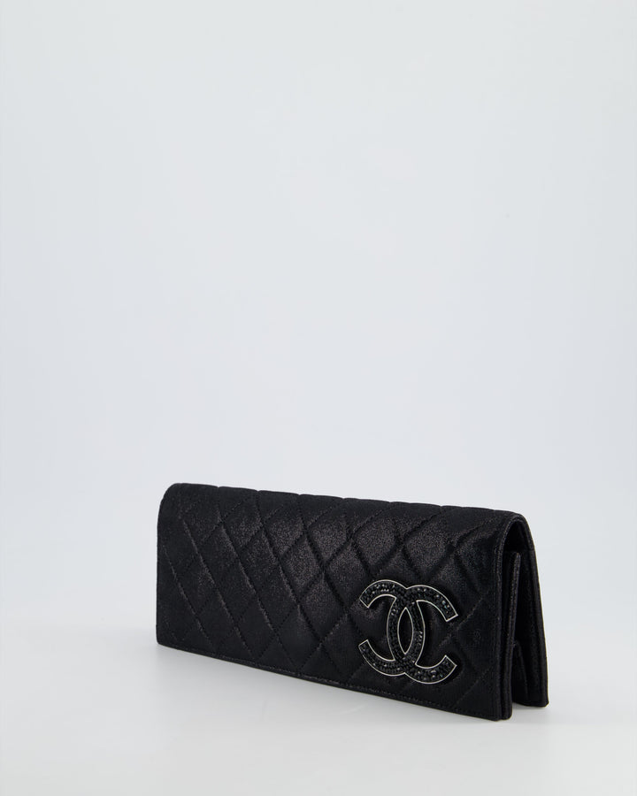 *HOT* Top Quality Chanel Black Shiny Quilted Long Clutch in Coated Calfskin with Silver Hardware and Crystal CC Detail