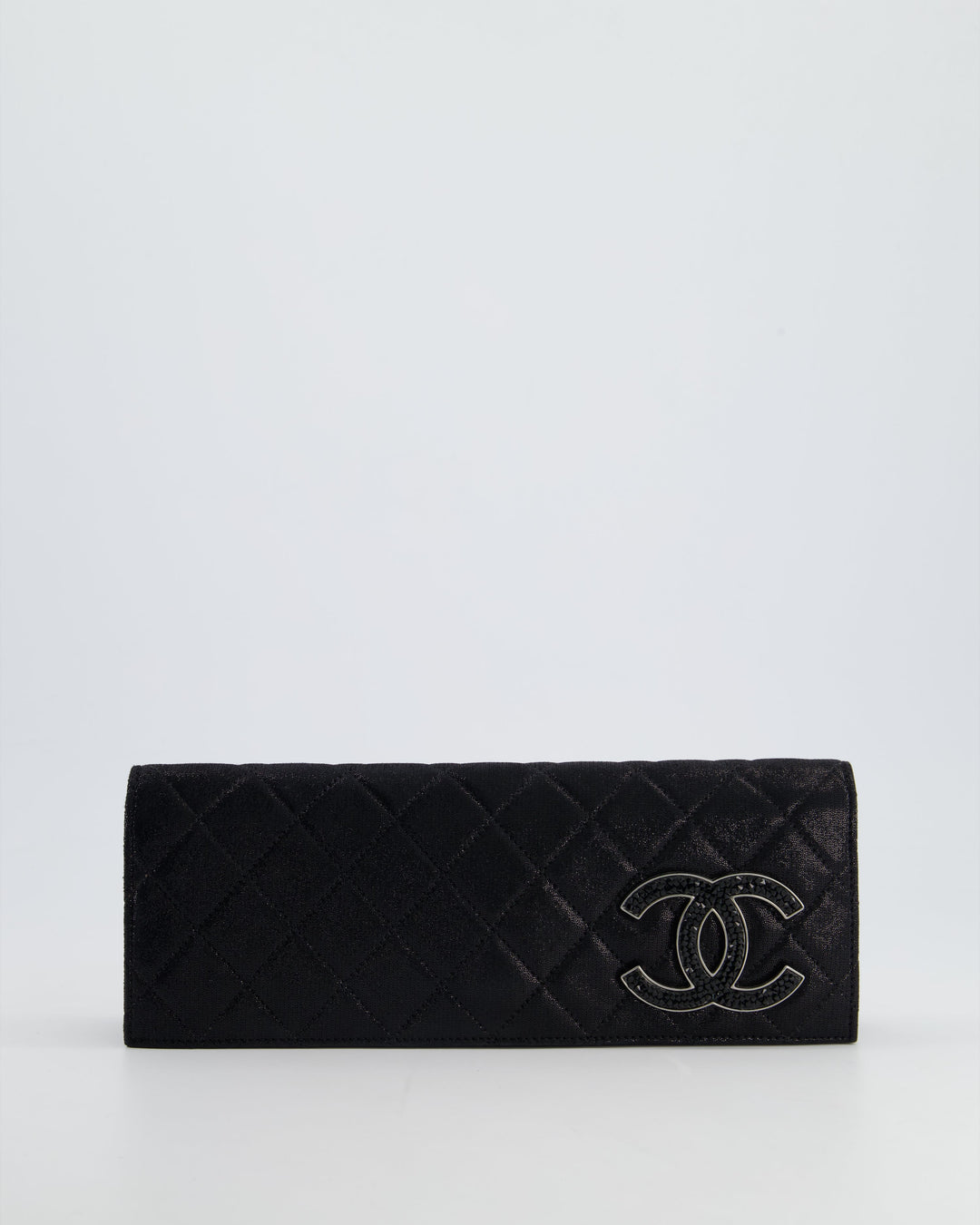 *HOT* Top Quality Chanel Black Shiny Quilted Long Clutch in Coated Calfskin with Silver Hardware and Crystal CC Detail