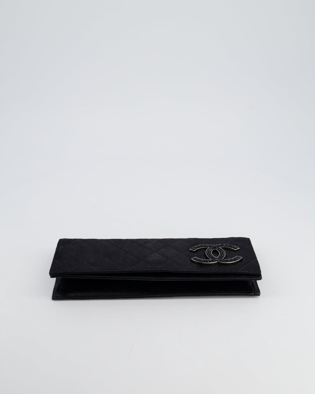 *HOT* Top Quality Chanel Black Shiny Quilted Long Clutch in Coated Calfskin with Silver Hardware and Crystal CC Detail