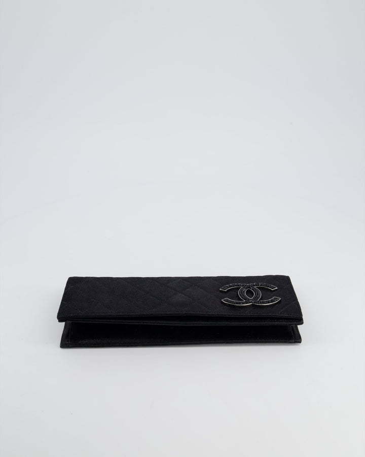 *HOT* Top Quality Chanel Black Shiny Quilted Long Clutch in Coated Calfskin with Silver Hardware and Crystal CC Detail